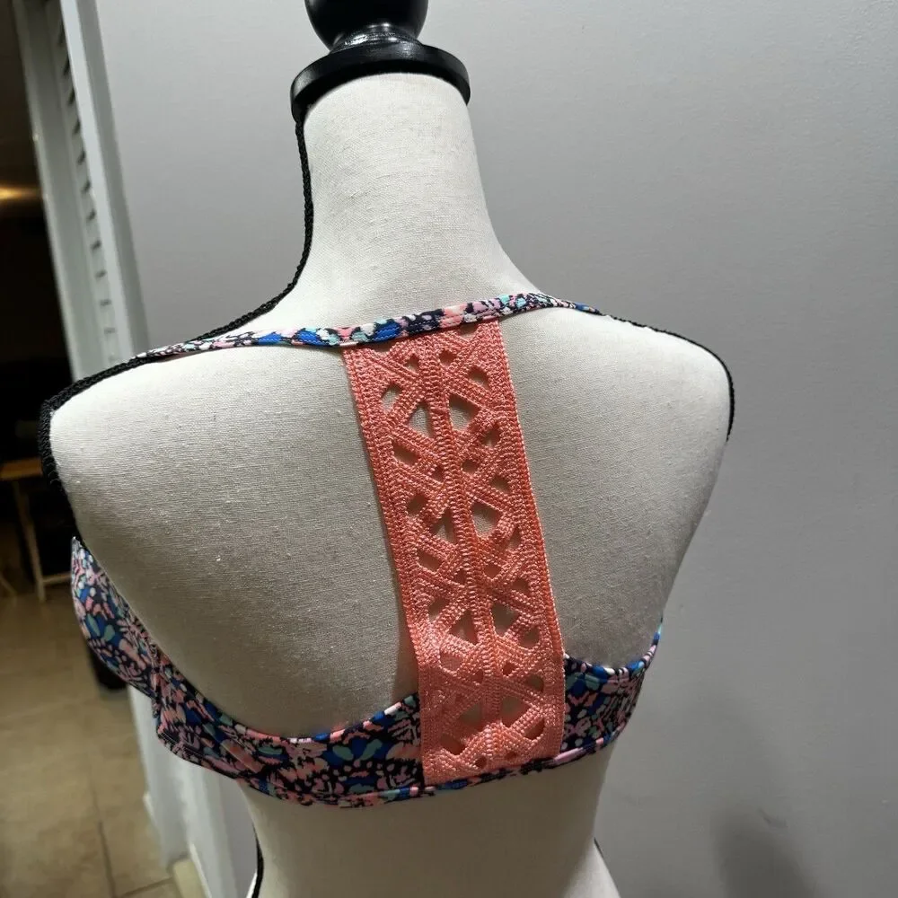 AERIE Womens Size 32B Tribal Pattern Racerback Bikini Top Coral Wired